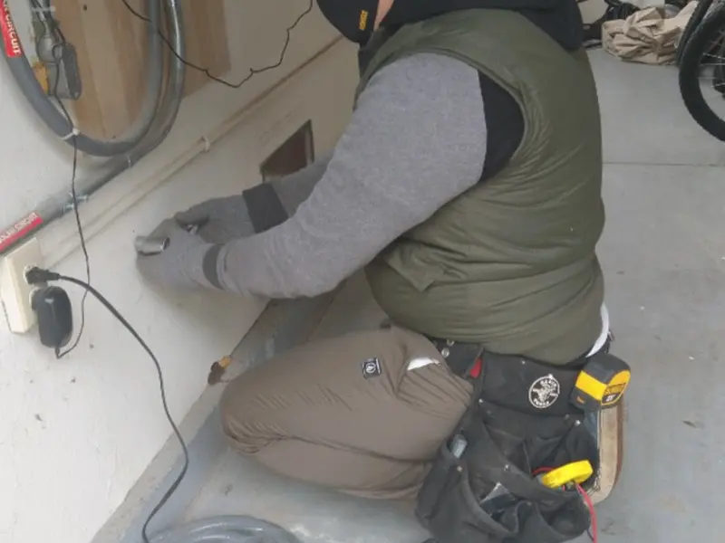 Electrician performing outlet wiring in a Bethany garage